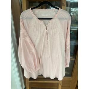 NEW Soft Surroundings Embroidered Pink Embellished Cotton Blouse Size L Floral